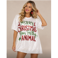 Sequin Dress - Christmas Merry Christmas ya Filthy Animal White (One Size)